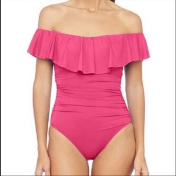 La Blanca Island Goddess Off-The-Shoulder Ruffled Tummy-Control One-Piece Sz 4 - Picture 1 of 10